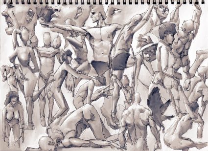 dense collage of drawings from bodiesinmotion.photo reference site.