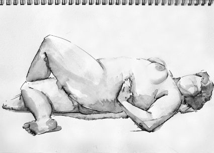 life drawing of reclining model, in pen and ink with wash