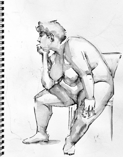 life drawing of seated model in ink with wash